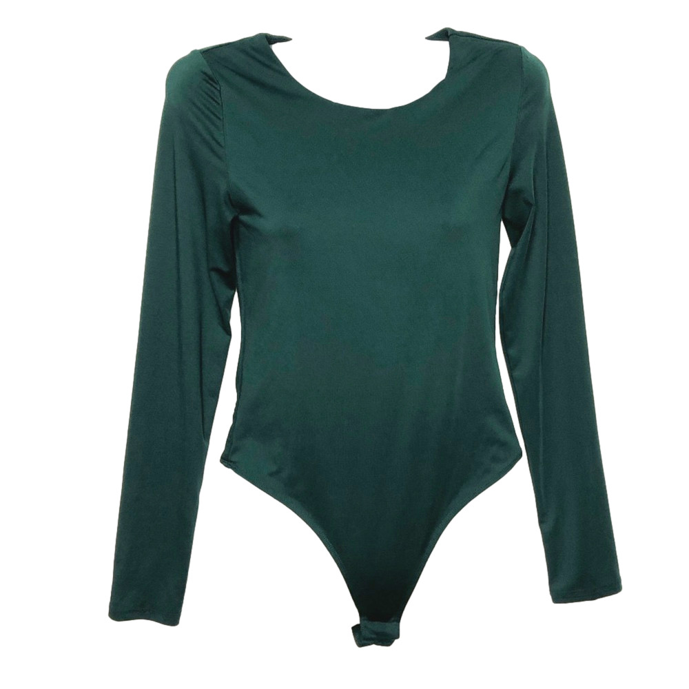 Women's Round Collar Long Sleeve Tops Dark Green Bodysuit Size M
